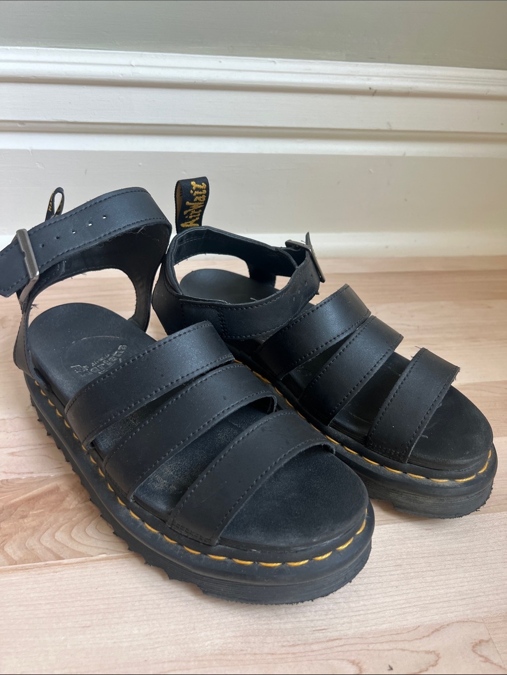Dr. Martens Black Womens Platform Strappy Sandals with Yellow Stitching